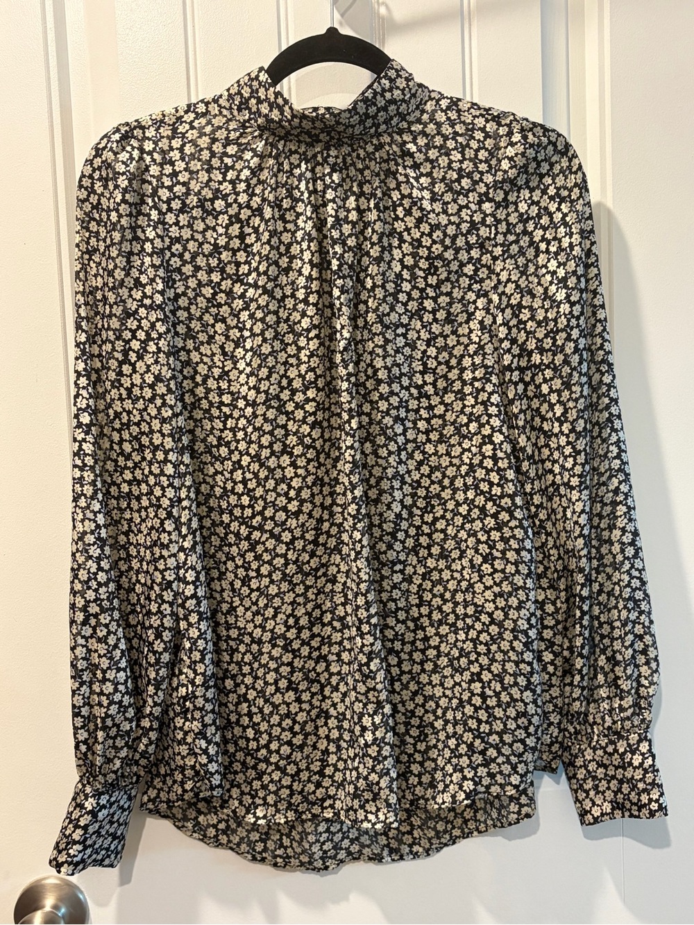 Floral Mock-Neck Long Sleeve Top in Black White Cream and Light Blue